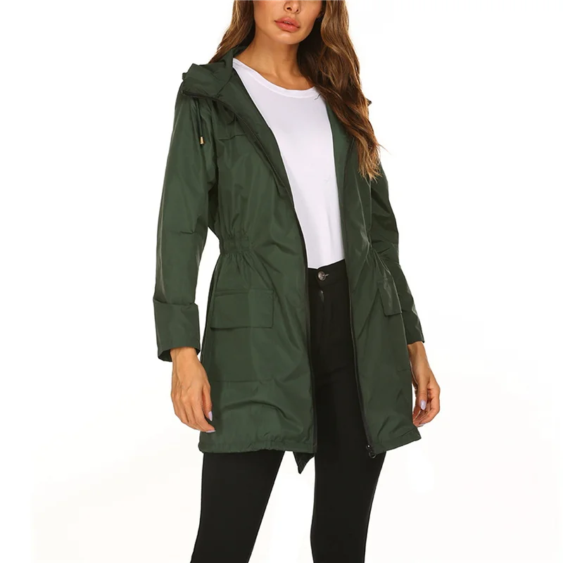 

Женская водонепроницаемая куртка-дождевик средней длины на молнии спереди, уличный плащ с капюшоном