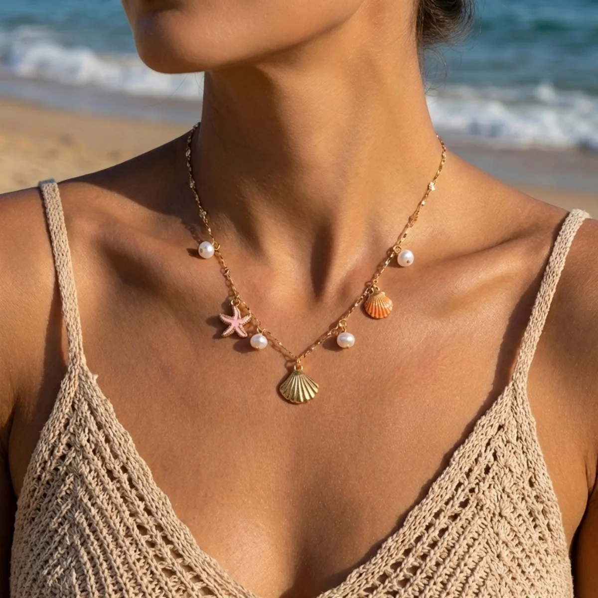 Sommerliche Halskette mit Imitationsperlen, Seestern- und Muschelanhänger für Damen und Herren, Bohemian Fischschwanz-Ozean-Strand-Choker, Urlaubs- und Party-Schmuck – Detail 6