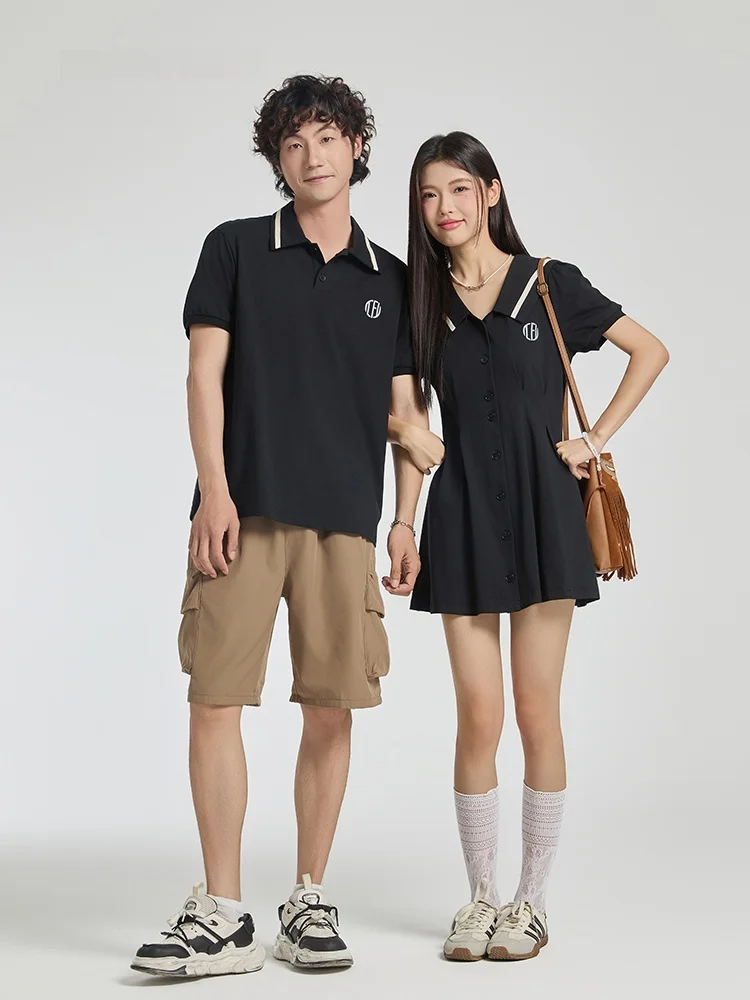 

Couple's Embroidered Short Sleeve T-Shirt Dress Women's New 2026 Shirt Skirt Set Breathable Cotton Polyester Blend Summe...