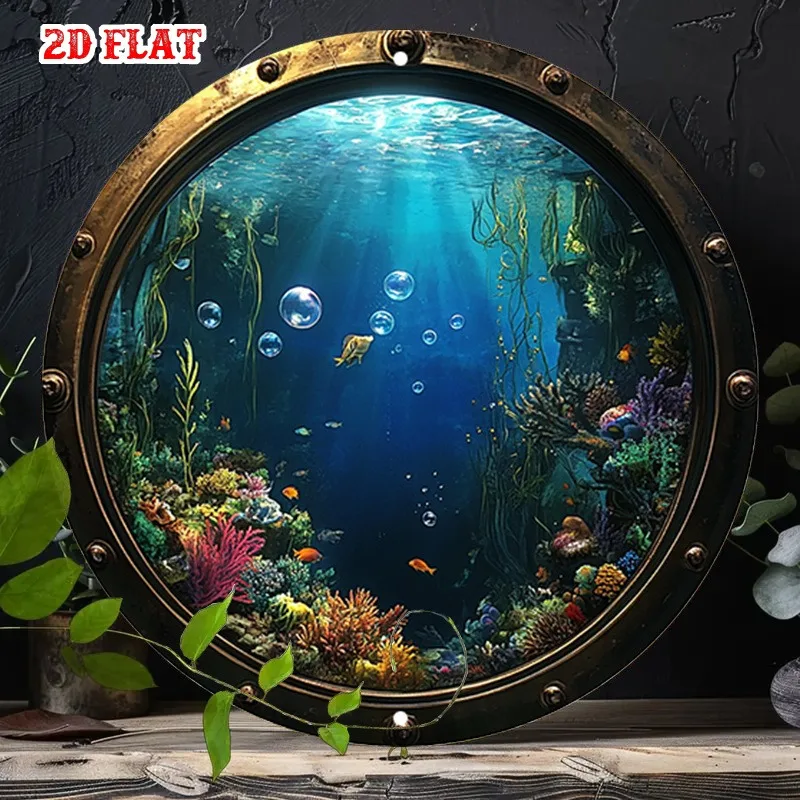Rustic Vintage Metal Wall Sign - Underwater Scene with Fish , Round Porthole Design, Aluminum Frame, Ideal for Living Room Decor
