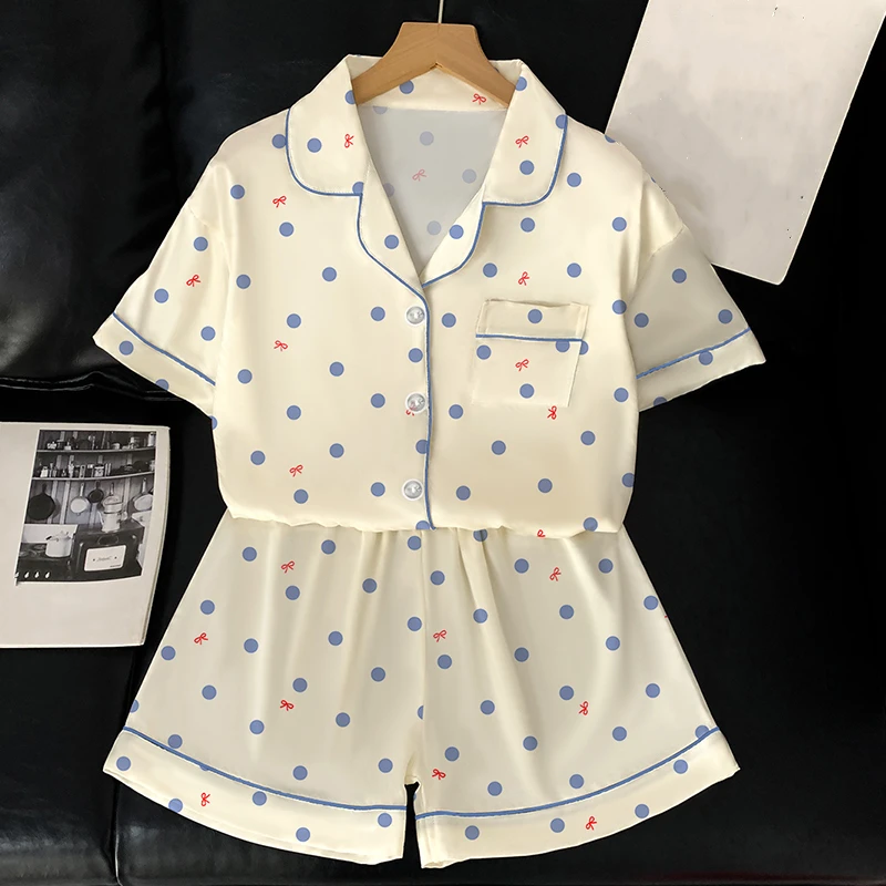 دوت ربطة القوس فيونكة لطيف طباعة منامة مجموعة للنساء جماليات فرنسية قصيرة جديدة ملابس خاصة امرأة الصيف موضة Y2K مجموعة بيجامات بسيطة #3