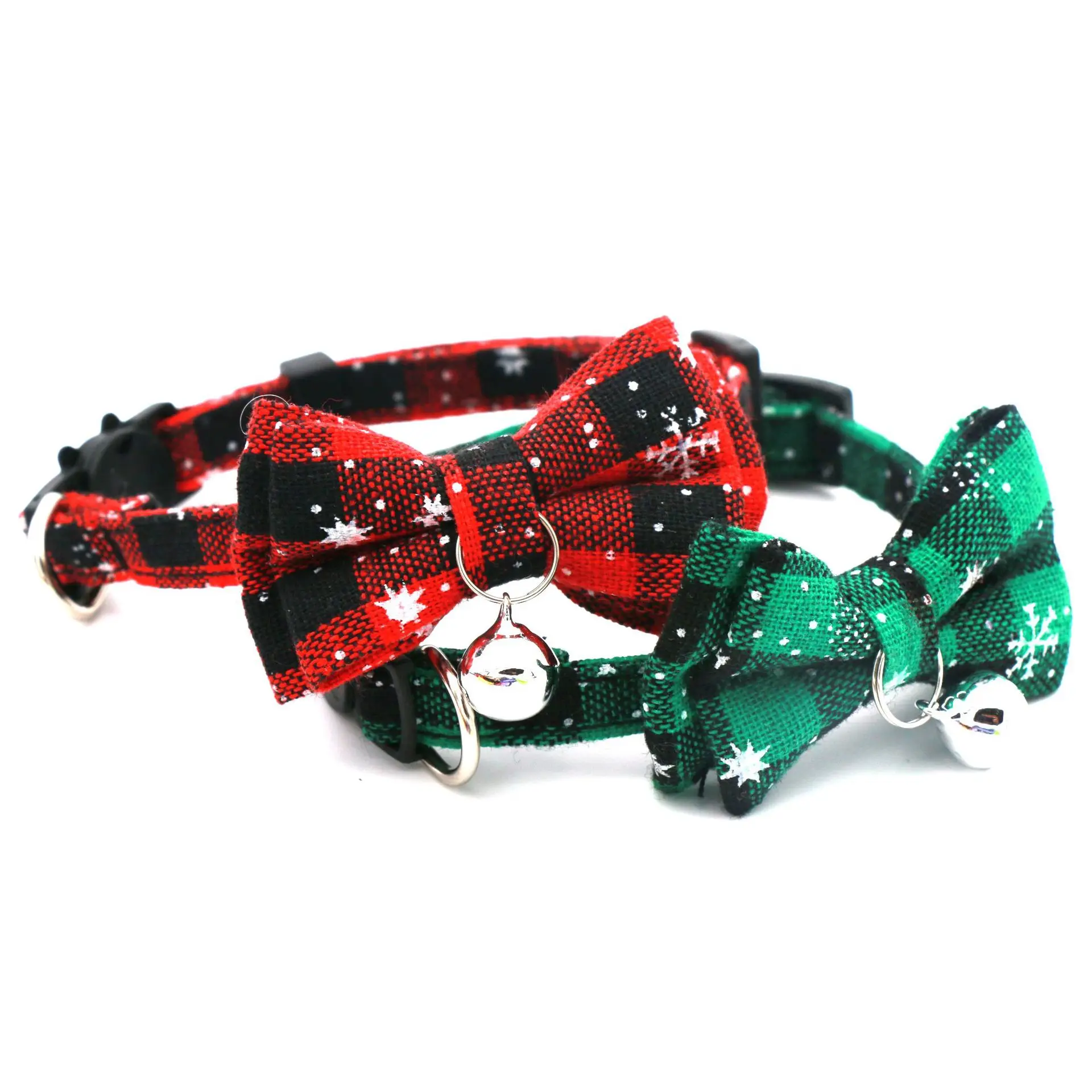 Christmas Bowknot Cat Small Dog Collar with Bell Plaid Snowflake Adjustable Breakaway Pet Puppy Kitten Safety Buckle Necklace