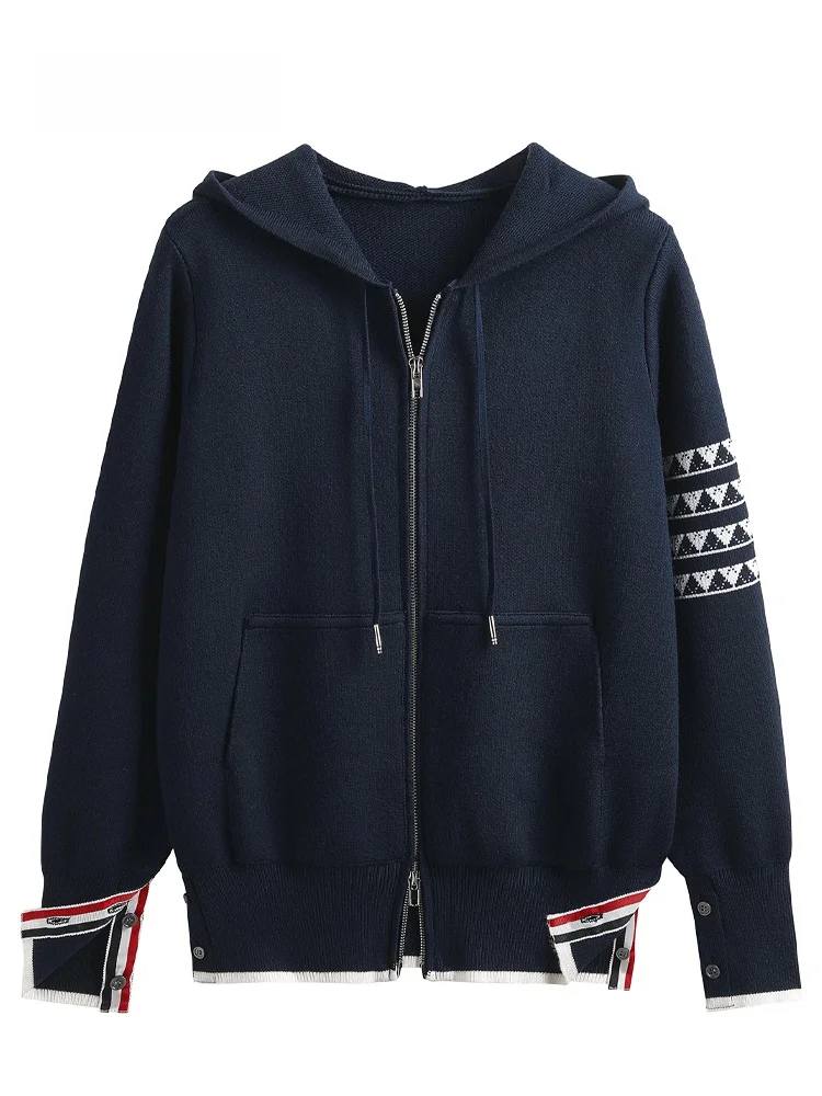 

JZZDEMM Double Zipper Hoodie Knitted Cardigan Women's Faion Outerwear Korean Sle Long Sve Regular Length Button Detail