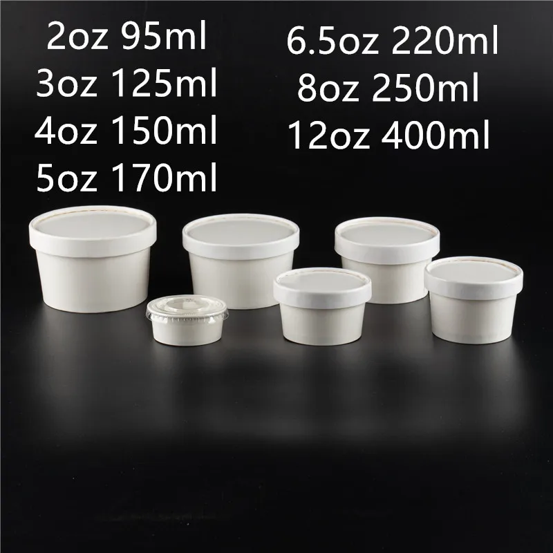 50pcs 2oz/3oz/4oz/5oz/8oz/12oz disposable ice cream paper box thick white packaging jelly pudding dessert cups with paper lid