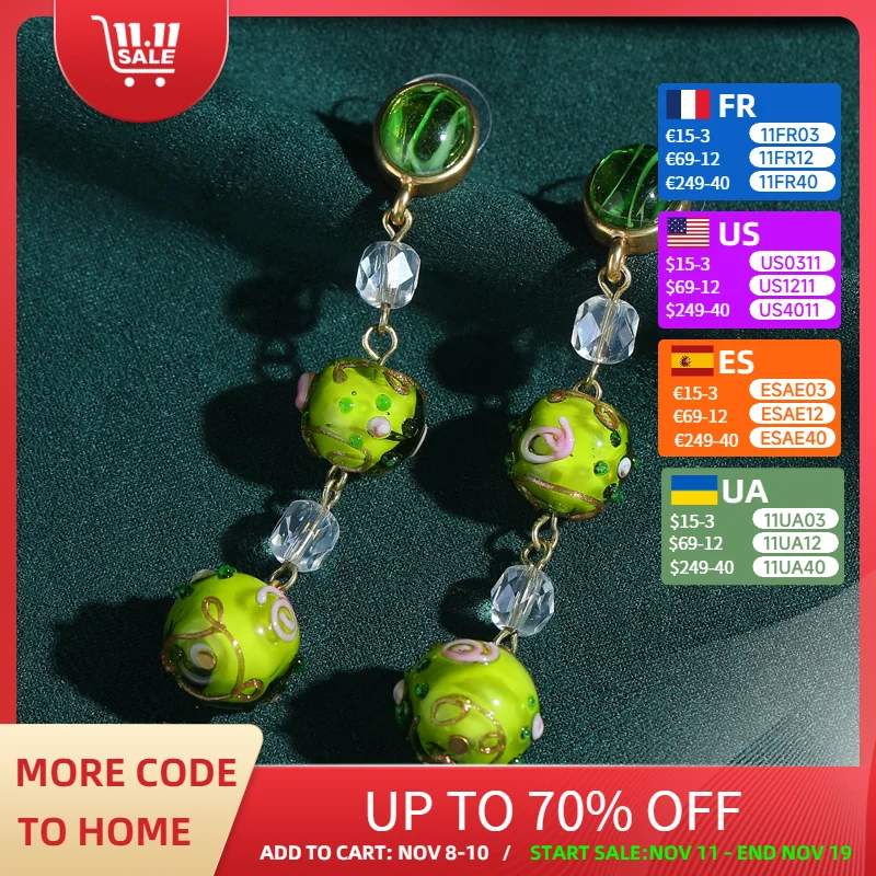 

Vintage Green Glaze Ball Long Hanging Earrings For Woman Drop Gold Color Quality Luxury Designer Jewelry Accessories Engagement