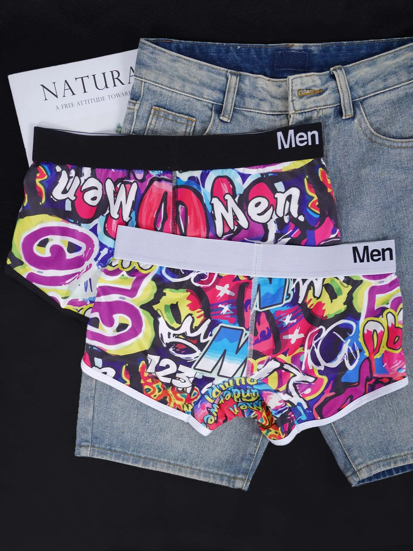2 PCS Men's Cotton Nylon Blend Boxer Briefs All-Over Graffiti Print Wide Elastic Waistband Non-Tight Fashion Sport Underwear