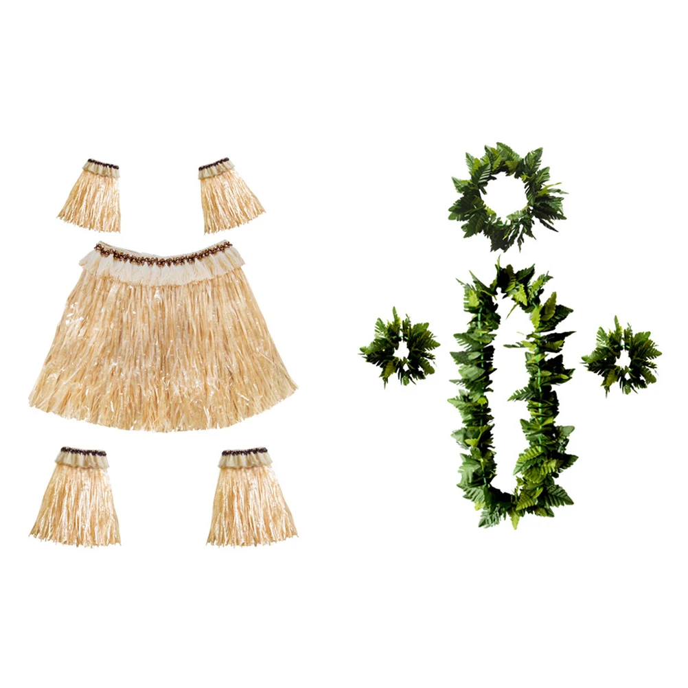 

9pcs Simulated Green Leaf Wreath Hawaii Skirt Set Tropical Dress Party Costume Elastic Waistband Wedding Birthday