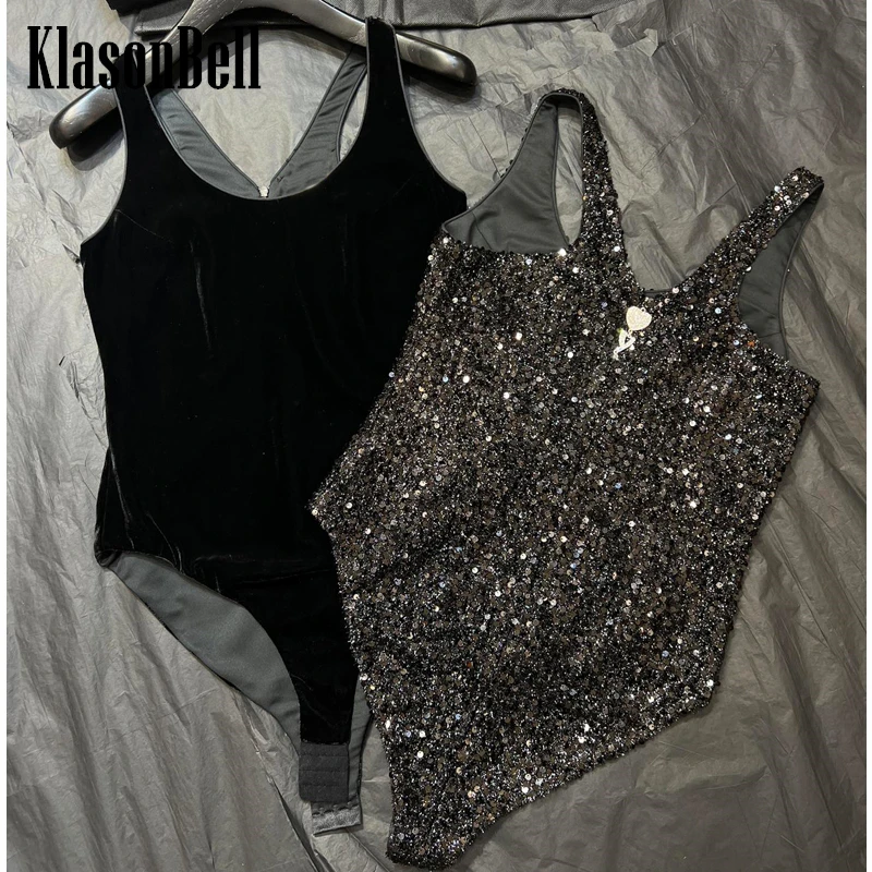 3.30 KlasonBell Fashion Hot Girl Bling Sequins U-Neck Sleeveless Rompers Fit Women Black Velvet Back Zipper Bodysuits Top