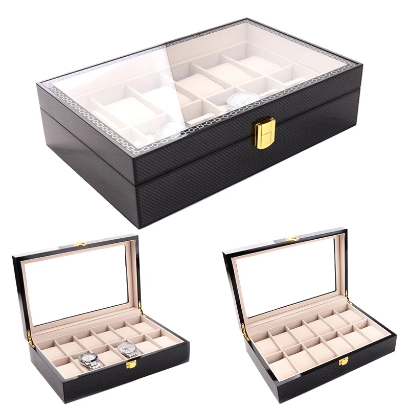 Luxury 12 Grids Handmade Carbon Fiber  Watch Box  Watch Case Clock Box Time Box for Watch Organizer