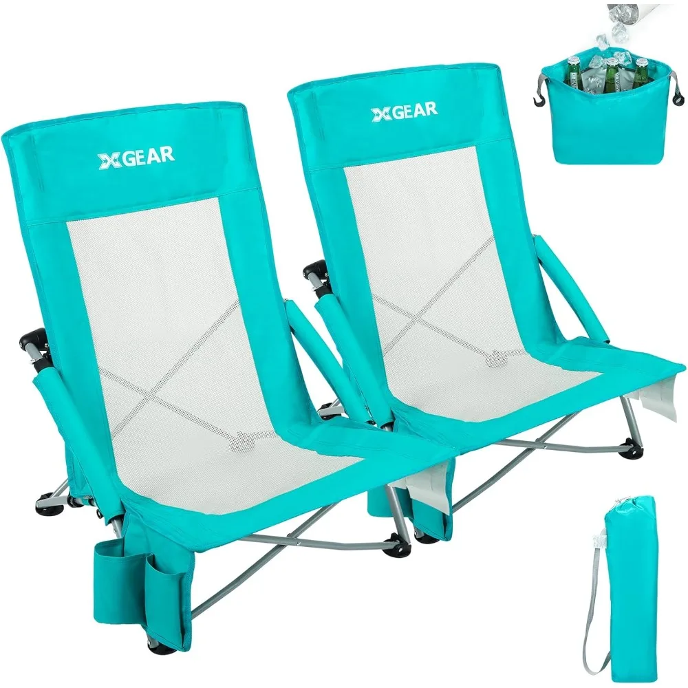 

High Back Folding Beach Chair with Detachable Cooler Bag High Back Mesh Back Sand Chair for Beach, Lawn, Camping, Travel, Suppo