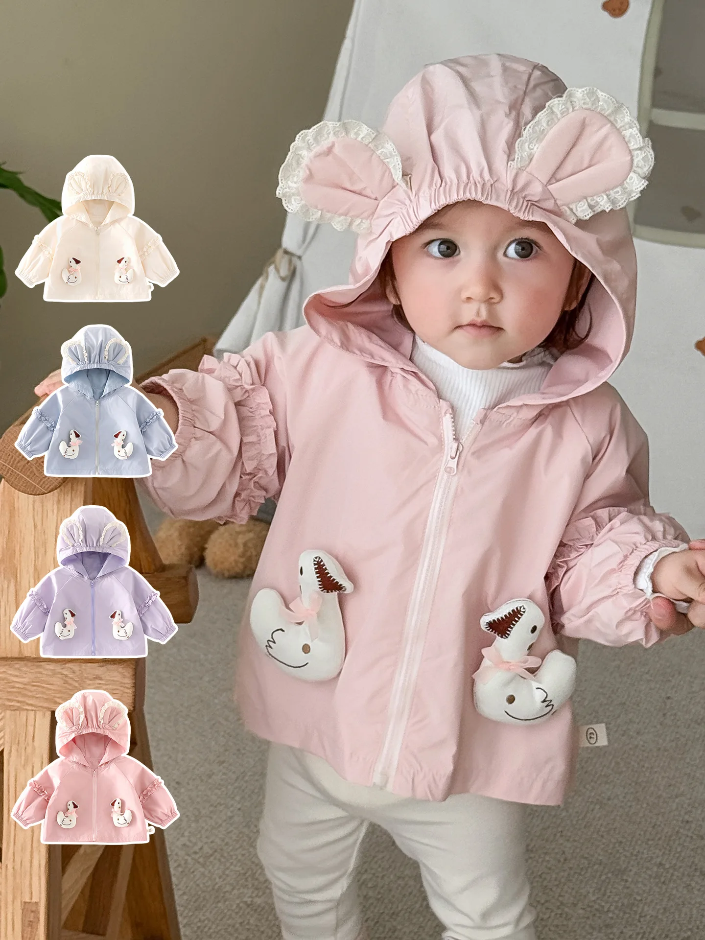 

Children's Clothing 0-5Y Kids Clothes Girls Hooded Jacket 3D Swan Pocket Lace Ear Hood Ruffle Trim Cute Casual Cotton Outerwear