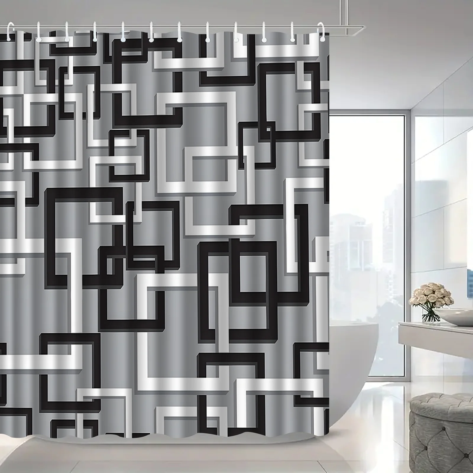 2D Flat, 2D Flat, A Contemporary Minimalist Geometric Shower Curtain Featuring Hooks, Suitable for Washing, Serving As a Bathroo