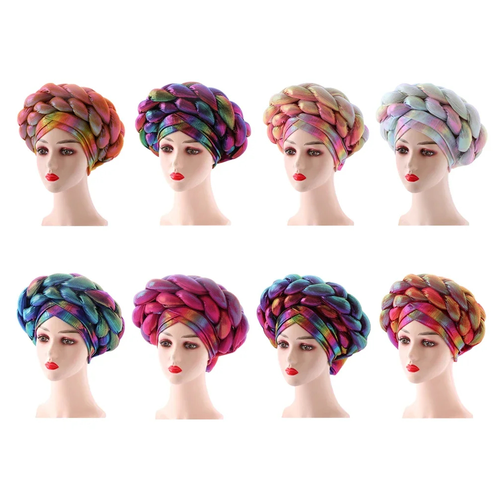 

Auto Gele Cap Party African Headtie Nigeria Turban Headband Already Tied Head Wraps Cap Braid Muslim Turban Forehead Cross Cap