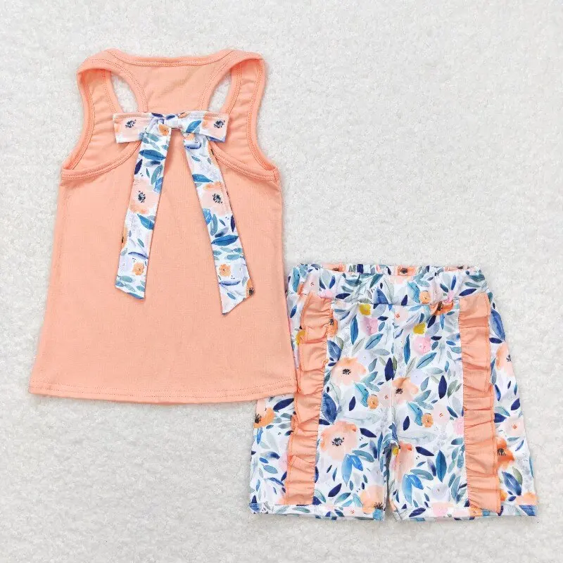 

New rts baby girl summer suit wholesale boutique flower bow solid color sleeveless orange lace shorts set