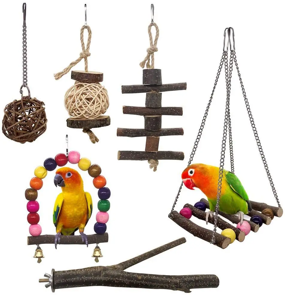 

6PCS Set Combination Parrot Bird Toys Wood Articles Bite Pet Bird Toys For Parrot Training Bird Toy Swing Ball Bell Standi