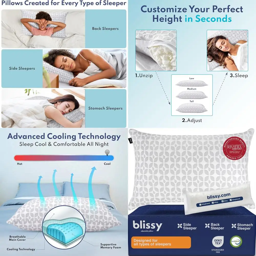 

Adjustable Memory Foam Pillow - Cooling Gel for Side Sleepers or Queen Size Shredded Foam - Certi-US & Oeko-TEX Certified