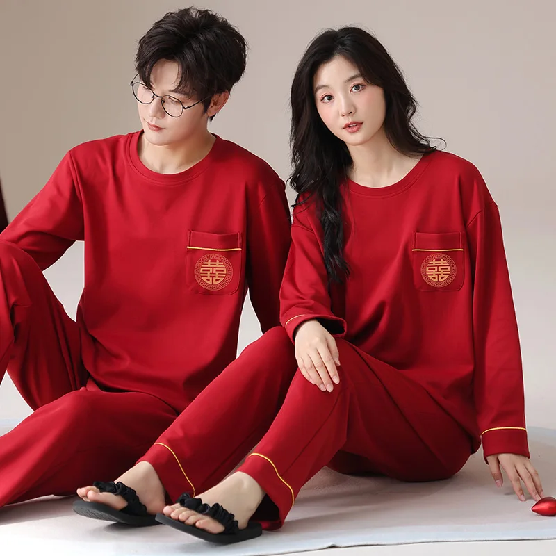 Autumn Lovers Pajamas Festive Red Long Sleeve Male Pajama Set Men Knit Cotton Pyjamas For Women Sleepwear Suit Couple Homewear