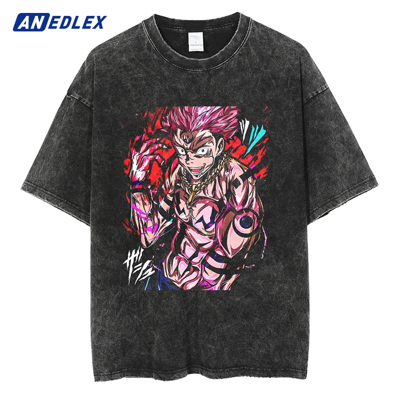 

Hip Hop Streetwear Washed Black Tshirt Men Anime Boy Graphic Printed T Shirt Vintage Harajuku Cotton T-Shirt Summer Tops Tees