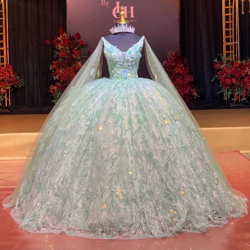 

Light Green Shiny Quinceanera Dress With Cape Mexican Vestidos De 15 Princess Sweet 16 Birthday XV Ball Gown Cinderella dress