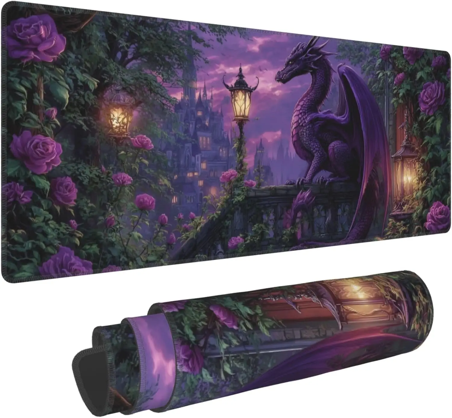 Extended Gaming-Mauspad mit Drachenmotiv – XL, große Schreibtischunterlage mit genähten Kanten für Gamer und Heimbüro