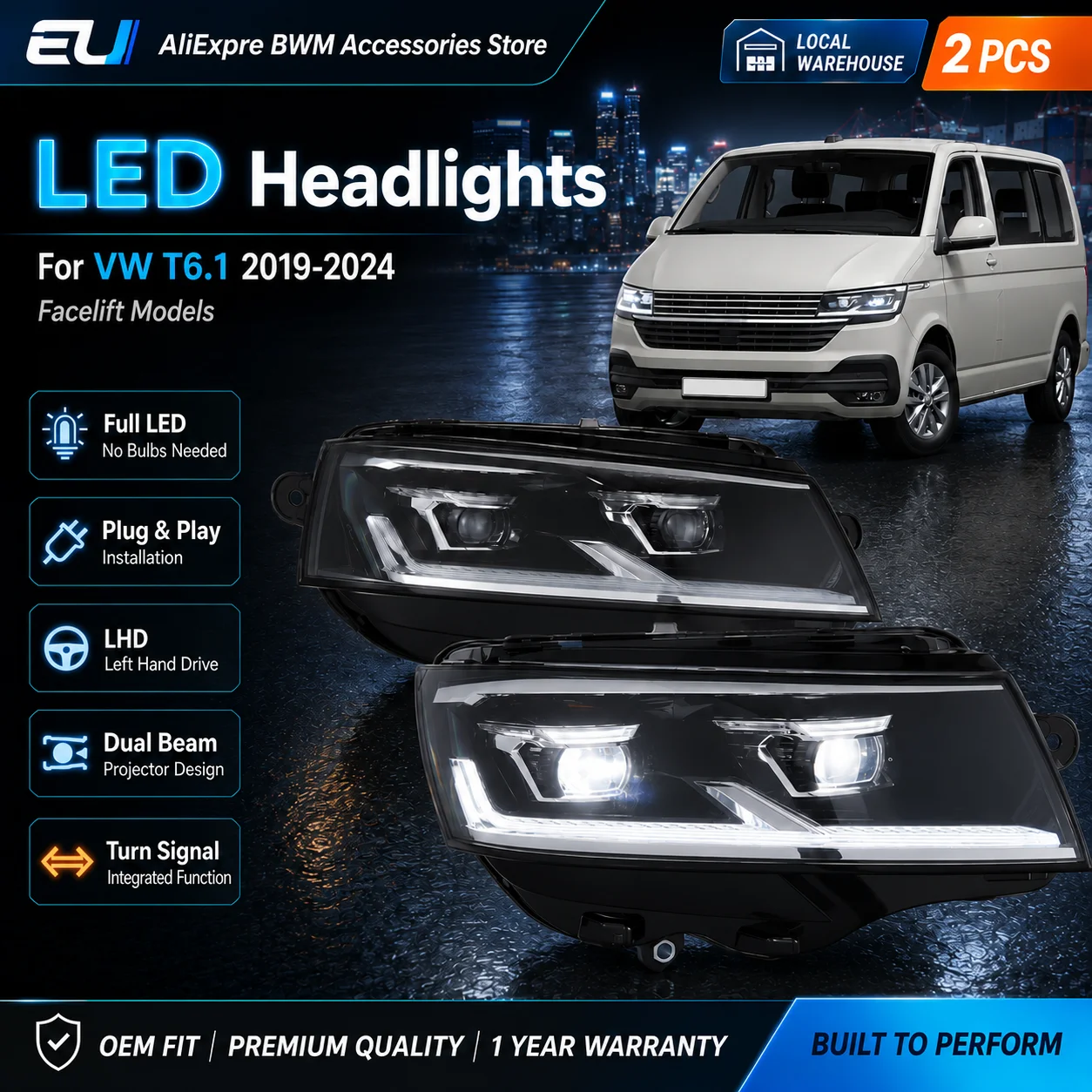 Dual-Beam LED-Scheinwerfer DRL Blinker Frontlicht-Baugruppe Plug & Play Kompatibles Upgrade für VW Transporter T6.1 2019-2024 Facelift