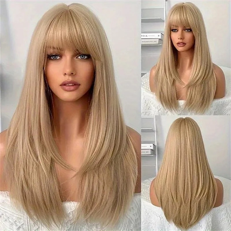 HAIRJOY  Women Long Straight Blonde Wig Synthetic Hair Wig Heat-resistant Fiber Christmas Party Wigs