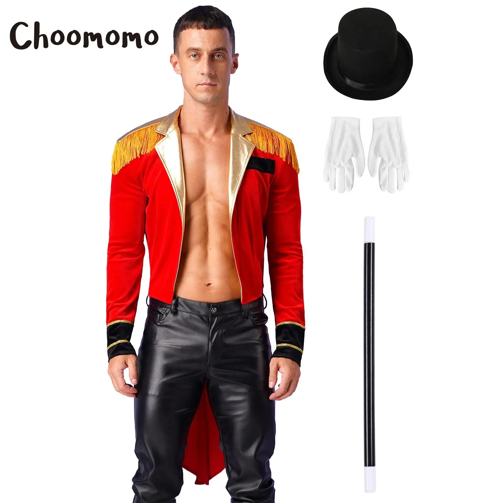 

Circus Ringmaster Costume for Mens Ring Leader Lion Tamer Showman Cosplay Long Sleeve Tailcoat Jacket Halloween Party Clubwear