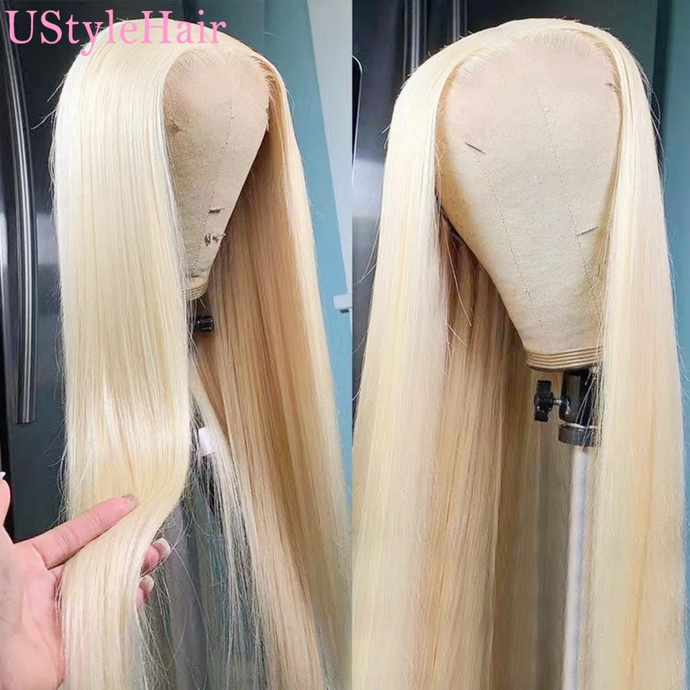 UStyleHair-peluca frontal de encaje rubio platino para mujer, pelo sintético largo y sedoso, liso, uso diario, Cosplay, rayita Natural