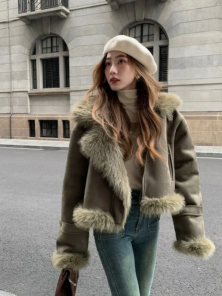 Korean Style Short Faux Fur Shearling Jacket Moto Biker Coat Faux Fur Fleece Warm Winter Outerwear 2026 Jackets for Women