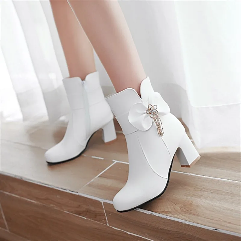 Autumn Winter Women Boots Sweet Bow Women Comfort Ankle Boots High Heel Shoes Girls Princess Black White Pink Party Shoes 32-43