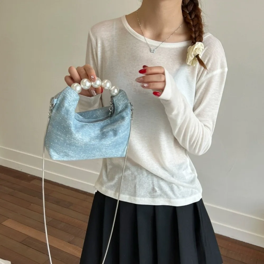 

Fashion Korean Pearls Denim Bag Small Square Denim Crossbody Bag Casual Rhinestones Women's Handbags Girls