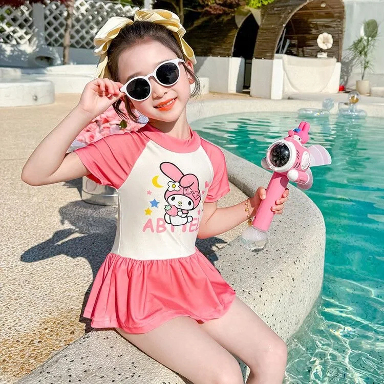 Kawaii Kuromi My Melody Girls\' One-Piece Quick-Drying Swimsuit Anime Sanrio Girl\'s Heart Cute Baby Sun Protection Swimsuit