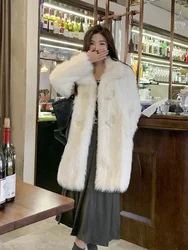 Manteau en Fausse Fourrure de Renard Blanc pour Femme, Col Montant, Épais, Doux, en Peluche, Chaud, Manches sulf, Décontracté, Hiver