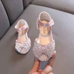 Little Girl Sequin Sandals Summer New Rhinestone Bow Princess Sandals Fashion Bling Kids Wedding Soft Flat Sandals Size 21-36