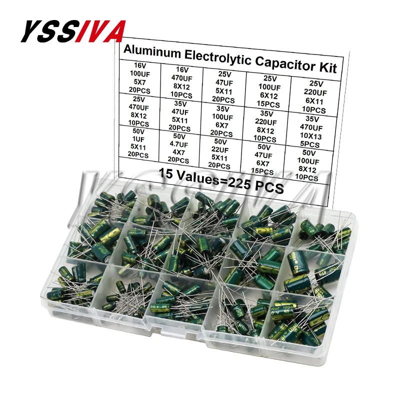 225pcs/Box High Frequency Low ESR Aluminum Electrolytic Capacitor Kit 15Values 16V-50V 1uF-470uF Capacitance DIP Assorted Set