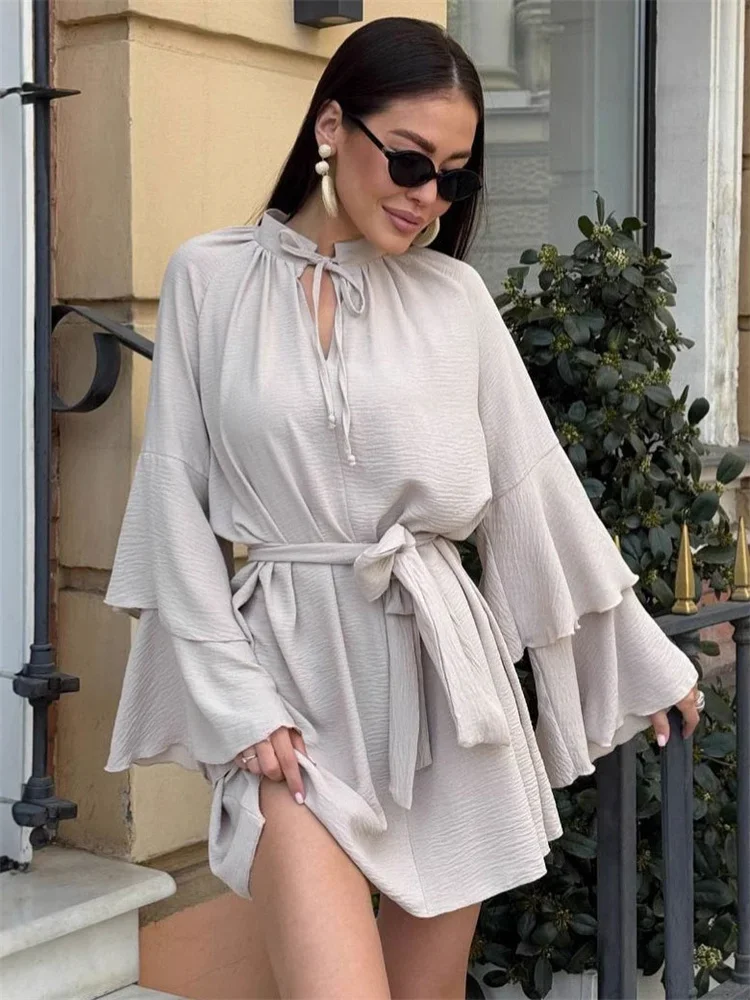 

Autumn V-Neck Ruffled Mini Dress Female Lace-Up Loose Patchwork Fashion Commute Casual Bodycon Dress Women's Solid Dress