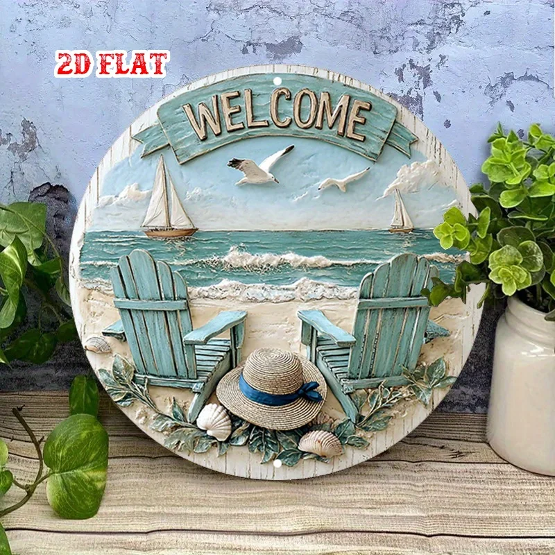 A 2D Flat Metal Sign Showcasing a Coastal Welcome Theme with Beach Chairs And Sailboats, Environments Like Cafes Or Beach Houses