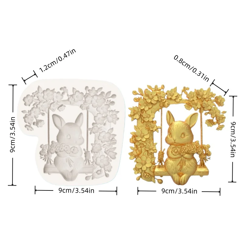 【Spring Story】Swing-Holding Flower Bunny with Cherry Blossom Branches Semi-Encircling Design Silicone Mold, Suitable for Cake Decoration, Chocolate, and Fondant Making