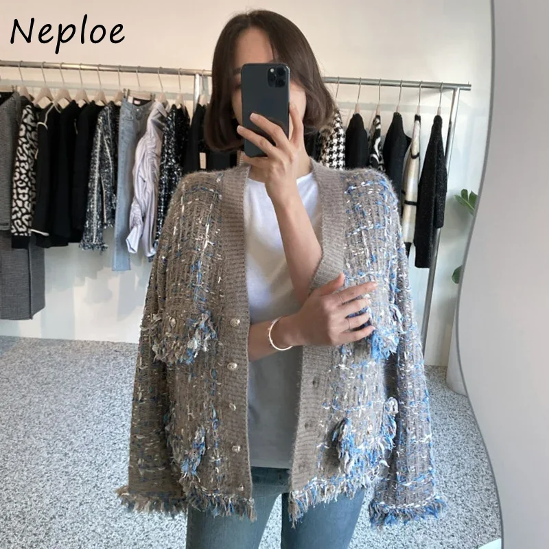 Neploe elegante scollo a v Cardigan lavorato a maglia di colore misto donna sciolto maglione a maniche lunghe cappotto donna nappa frange Cardigan