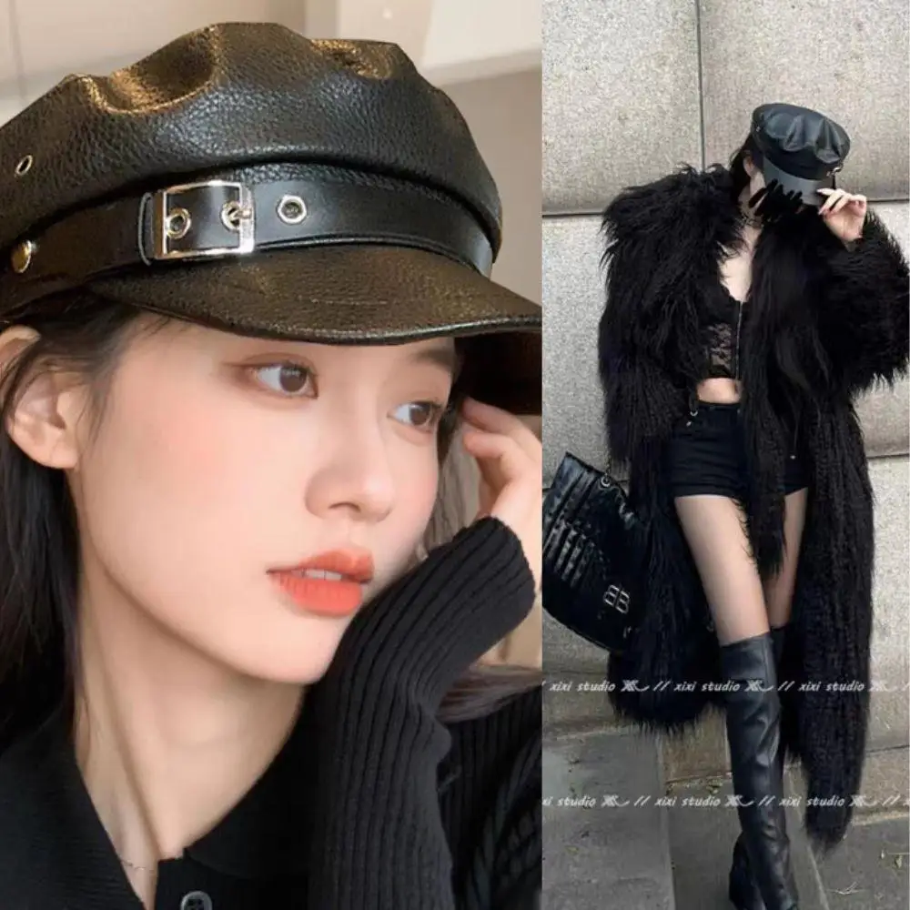 

Classic Octagonal Cap Solid Color PU Leather Military Cap Fashion Caps Beret Ladies Retro Newsboy Hat Outdoor Sun Hats Women Cap