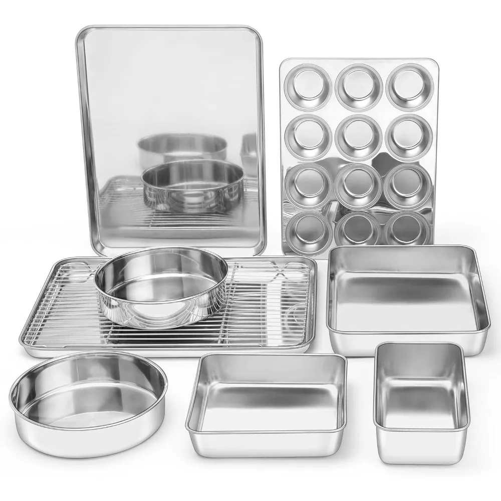 

E-far 9-Piece Baking Pan Set, Stainless Steel Bakeware Sets for Sheet Cake Cookie Loaf Muffin, Include Baking Sheet, Round Squar