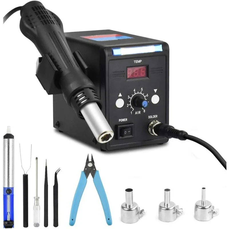 

Hot Air Rework Station Solder Heat Gun,110V SMD Hot Air Gun,Temp. & Airflow Adjustable Soldering Stations Tool