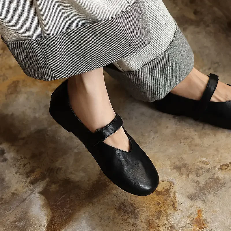 Spring Summer Retro Washed Cowhide One Strap Mary Janes Women Soft Foldable Egg Roll Flats Hand Burnished Shoes Plus Size 34-42
