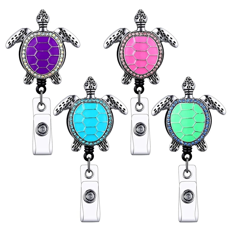 4 Pieces Turtle Badge Reel Retractable ID Badge Holder Sea With Alligator Clip For Office Worker Nurse Teacher Student