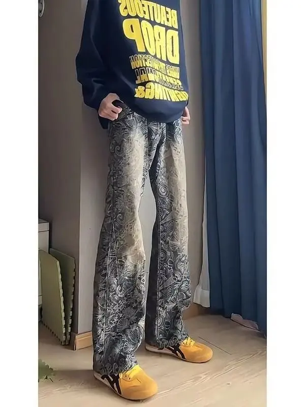

Джинсы с талией, мужские весенне-осенние свободные прямые брюки с микро-расклешенями, повседневные брюки в американском стиле ретро с цветочным принтом, средней талией