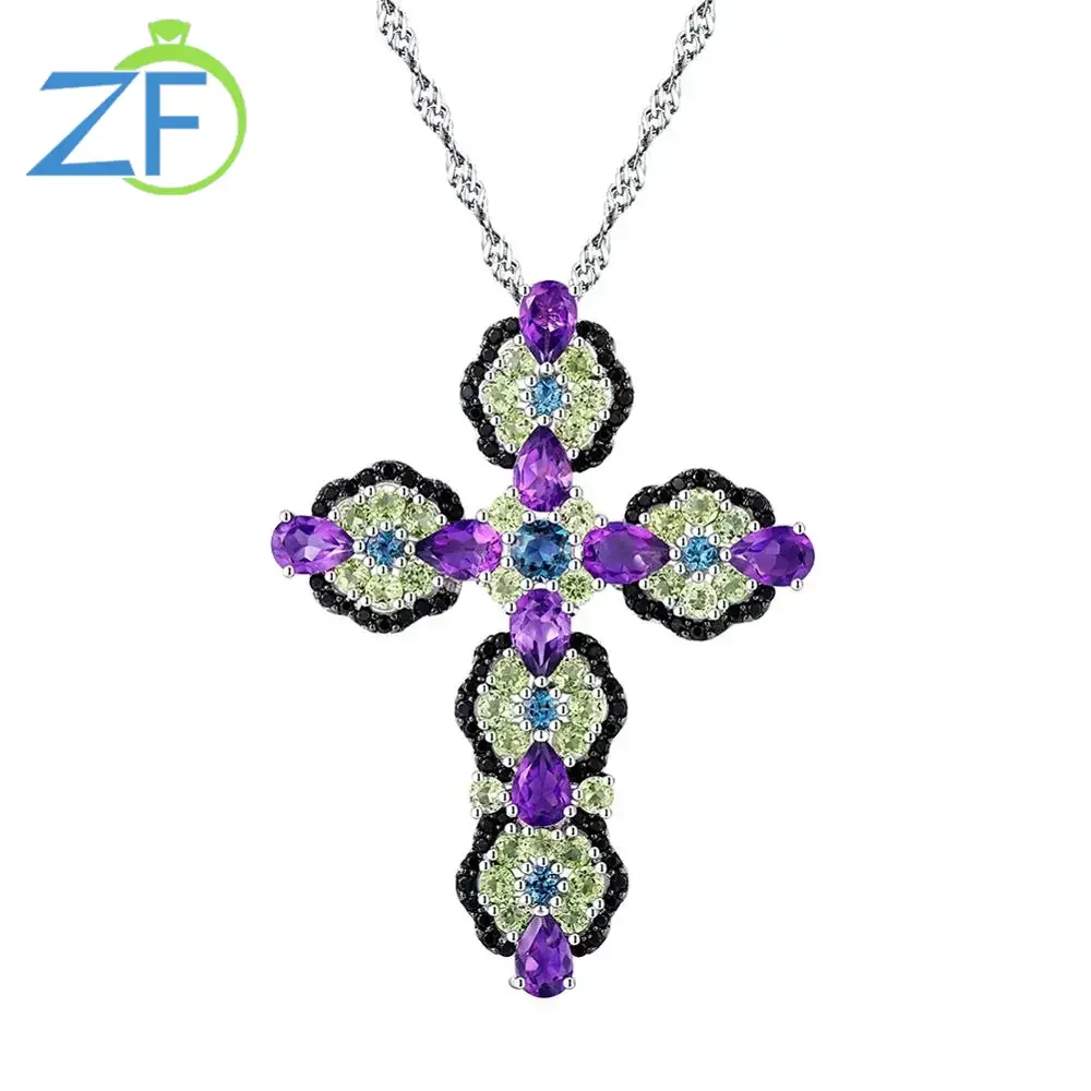 

GZ ZONGFA Genuine 925 Sterling Silver Cross Pendant Necklace for Women 8 ct Natural Topaz Amethyst Mixed Color Gems Fine Jewelry