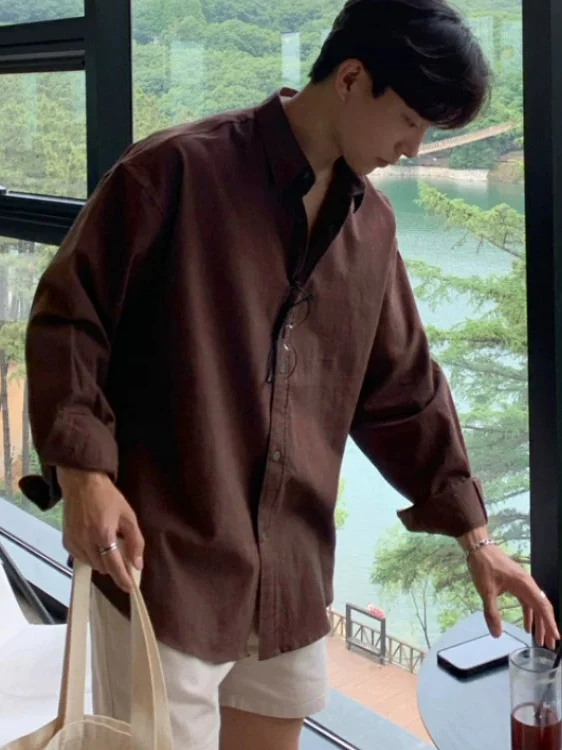 Brown Cotton Linen Men's Shirt Single Pocket Loose Long Sleeve Sun Protection Thin Breathable  Linen Workwear Shirt Trendy