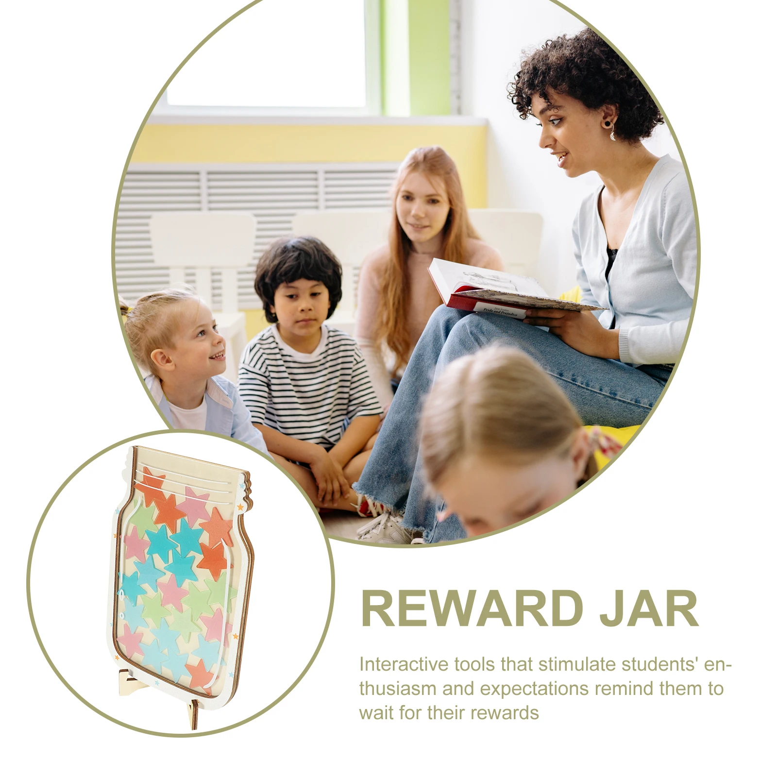 

Wooden Reward Stars Jar for Kids Classroom Storage Cute Design Decorative Toy Container Motivational Chart