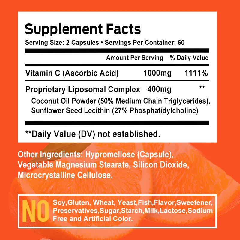 

Liposomal Vitamin C 1000mg Capsules, Supplement with Coconut Oil Fatty Acids, Immune Support, Antioxidant, Collagen Production