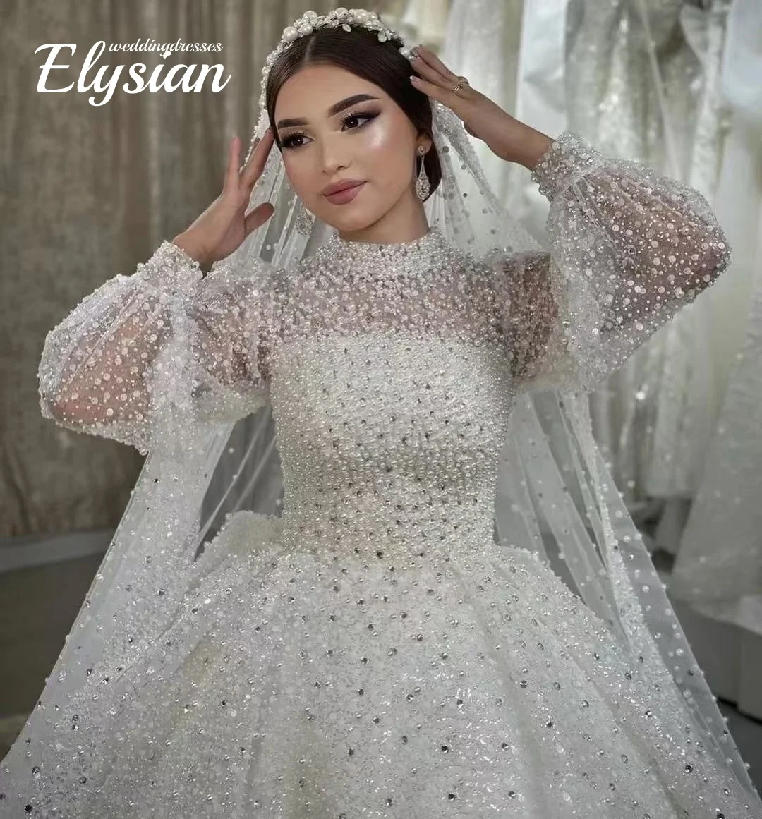 فساتين زفاف كريستال رائعة مخصصة لؤلؤ الزفاف فستاين سهرة/فساتين الحفلات الرقبة العالية الترتر Vestido de novia